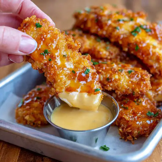 A close-up image showing a golden brown, crispy fried chicken tender being held by a woman's hand with white painted nails. The tender is coated in a shiny, sticky orange sauce with small green herb pieces on top. The chicken is dipped into a small round metal cup filled with a creamy light orange dipping sauce. In the background, more sauced chicken tenders rest in a metal tray on a wooden surface. The photo taken with an iphone --ar 4:5 --v 7