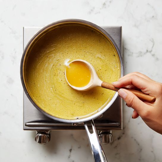 A silver pot filled with light yellow soup showing white strands floating in it, placed on a stovetop with a simple silver burner. A woman's hand is pouring a bowl of beaten eggs into the soup, the eggs are bright yellow and slightly frothy. A silver spoon with a light wooden handle is stirring the soup, creating gentle swirling patterns on the surface. The scene is set on a white marbled surface background. photo taken with an iphone --ar 4:5 --v 7
