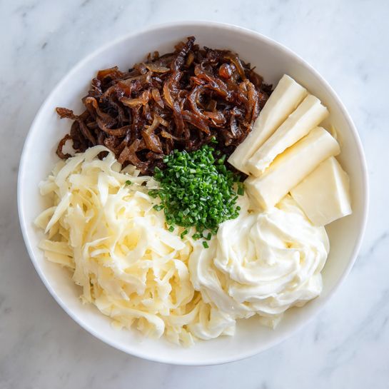 The image shows a white bowl filled with five distinct layers arranged neatly next to each other. On the top left is a dark brown, finely shredded textured layer that looks like cooked caramelized onions. Next to it on the top right is a white block of smooth, creamy cheese. Below the cheese and to the right is a soft, shiny white layer of mayonnaise or cream. To the lower left is a large pile of pale yellow shredded cheese with thin strands creating a soft texture. Finally, in the middle, there is a small mound of finely chopped green herbs, possibly chives, adding a fresh, vibrant touch. The bowl sits on a white marbled surface. photo taken with an iphone --ar 4:5 --v 7