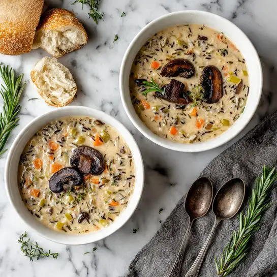 Two white bowls of creamy mushroom soup are shown on a white marbled surface. Each bowl has a mix of creamy beige soup with visible white rice grains, orange carrot pieces, green celery bits, and dark leafy greens. On top, there are several dark brown sautéed mushrooms with a shiny, slightly crisp texture, garnished with sprigs of green rosemary. Around the bowls, there are pieces of crusty, light brown bread with a soft, porous inside, and two antique silver spoons rest near one piece of bread. A gray textured cloth and fresh green rosemary sprigs sit near the top right of the scene. Photo taken with an iphone --ar 4:5 --v 7