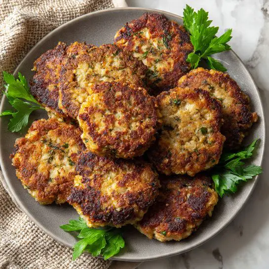 A round gray plate holds eight golden-brown patties with a crispy, textured outer layer showing bits of cooked rice and finely chopped herbs scattered on top. The patties are irregularly shaped but similar in size, with some areas darker and more caramelized. On the edges and between some patties, a few bright green parsley leaves add a fresh color contrast. The plate sits on a white marbled surface with a textured beige cloth partially visible in the top left corner. photo taken with an iphone --ar 4:5 --v 7