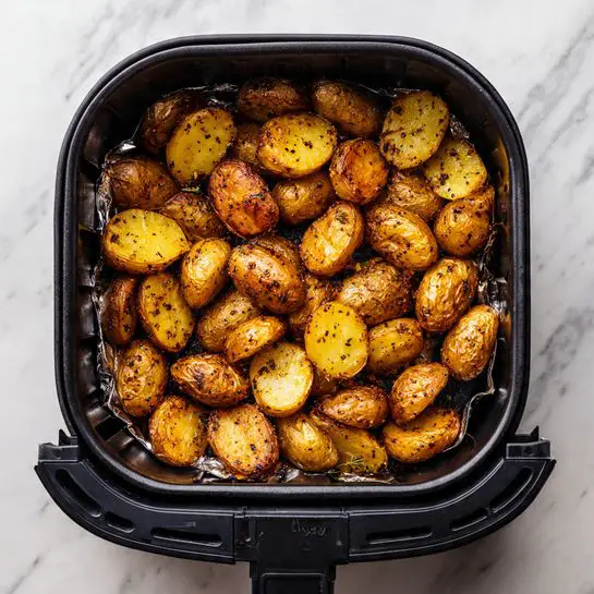 A black air fryer basket filled with one layer of roasted baby potatoes, each potato cut in half showing a yellow soft inside and a crispy brown skin with small black seasoning spots scattered on them. The basket has a shiny foil lining at the bottom and is placed on a white marbled surface photo taken with an iphone --ar 4:5 --v 7