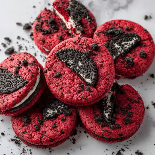 The image shows several large red cookies spread on a white marbled surface. Each cookie has a rough texture with a deep red base color mixed with specks of dark cookie crumbs. On top of the cookies, there are broken pieces of black and white sandwich cookies embedded in the dough, adding contrast and small white creamy parts. The cookies appear soft with slightly raised edges, and crumbs from the sandwich cookies are scattered between them, creating a textured and colorful scene. photo taken with an iphone --ar 4:5 --v 7
