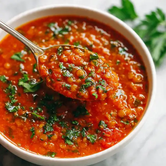 A close-up of a white bowl filled with bright red-orange lentil soup showing a thick, slightly chunky texture with visible small lentil pieces and herbs. A spoon scoops soup from the bowl, with the spoon full of the thick lentil mixture, some green herbs on top, and a few drops of oil shining in the light. Fresh green parsley leaves rest on the side of the bowl, adding a pop of bright green color. The bowl is placed on a white marbled surface. Photo taken with an iphone --ar 4:5 --v 7