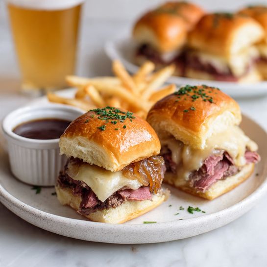 Two small sandwich sliders with golden brown buns sprinkled with green herbs sit on a white plate with a speckled texture. Each sandwich has at least three layers visible: the bottom bun layer, thin slices of pink roast beef, a melted pale yellow cheese layer, and caramelized brown onions under the top bun. To the left of the sliders is a small stack of thin, golden French fries with a crispy texture. Behind the sliders is a small white ramekin filled with dark brown dipping sauce. The plate is placed on a white marbled surface. In the blurred background, there is a white plate with more sliders and a glass of light golden beer with white foam on top. Photo taken with an iphone --ar 4:5 --v 7