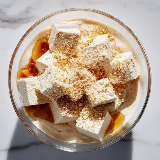 A clear glass bowl is filled with three layers of light beige tofu cubes that have a smooth texture. The tofu pieces are topped unevenly with a dusting of white powder and some light brown liquid drizzled over the top. The bowl sits on a white marbled surface that has soft gray veins, giving a clean and simple background. The lighting is bright and natural, showing the details and colors clearly. photo taken with an iphone --ar 4:5 --v 7