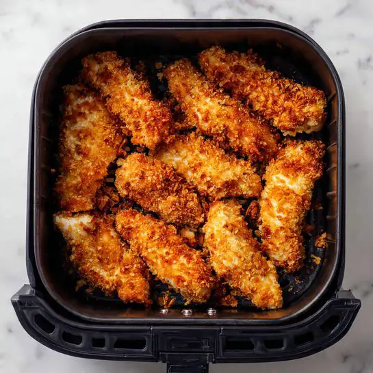 The image shows nine pieces of crispy fried chicken strips inside a black air fryer basket. Each chicken strip is covered in a rough, golden-brown coating made of cornflake crumbs that create a crunchy texture with some small loose flakes scattered around. The chicken pieces are arranged unevenly, filling most of the basket. The background is a white marbled texture. The photo taken with an iphone --ar 4:5 --v 7