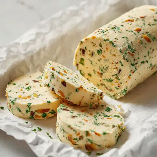 A close-up image of a round log of herb butter resting on a white tray lined with crinkled white parchment paper. The butter has a pale yellow creamy base with small pieces of green herbs and bits of orange and brown spices evenly spread throughout. One slice has been cut from the log and placed flat in front, showing the speckled texture and dense consistency. The white marbled surface beneath adds a clean and soft background to the scene. Photo taken with an iphone --ar 4:5 --v 7