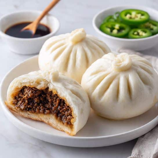 Three steamed buns sit on a white plate placed on a white marbled surface. Two whole buns show soft, smooth, white dough with pleated tops gathered into a small peak. One bun is cut open, revealing a dark brown, minced meat filling inside the fluffy inner dough. In the background, a small white bowl holds dark soy sauce with a wooden stick resting inside, and a white dish filled with sliced green chili peppers is also visible. The scene is bright and clear with a close-up focus on the buns. Photo taken with an iphone --ar 4:5 --v 7