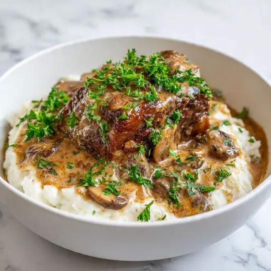 A white bowl holds a dish with two main layers: the base is a soft, fluffy pile of white mashed potatoes, and on top sits a thick, browned piece of meat with a crispy outside. Both layers are covered with a creamy brown mushroom sauce that has small chunks of mushrooms and herbs. Green parsley is sprinkled generously over the meat, sauce, and potatoes, adding a fresh color contrast. The bowl is placed on a white marbled surface. photo taken with an iphone --ar 4:5 --v 7