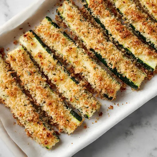 The image shows several long, thin zucchini sticks arranged neatly in rows on a white parchment-lined baking tray. Each zucchini stick is covered with a light, crumbly coating that looks golden and slightly coarse, with hints of seasoning mixed in. The zucchini's green edge peeks out clearly along each side beneath the crispy coating. The baking tray rests on a white marbled surface that adds soft contrast to the warm colors of the zucchini sticks. photo taken with an iphone --ar 4:5 --v 7