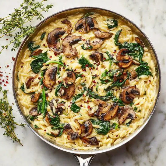 The image shows a pan filled with creamy orzo pasta layered with cooked brown mushroom slices and bright green spinach leaves mixed throughout. The pasta is coated in a light beige creamy sauce with some red chili flakes sprinkled on top, adding a pop of red color. The mushrooms have a slightly glossy texture and are scattered evenly over the surface while the spinach leaves are vibrant and fresh-looking. The pan edge is silver metal, and the background includes a white marbled texture surface with a small sprig of fresh herbs nearby. Photo taken with an iphone --ar 4:5 --v 7