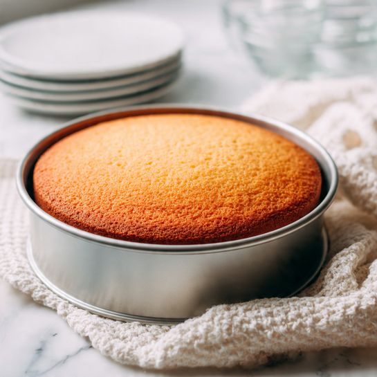 A round, light brown baked cake with a smooth top sits inside a silver metal springform pan, which is placed on a white crocheted cloth. The pan is on a white marbled surface. In the blurred background, there are stacked white plates and transparent glass bowls. To the right side, part of a textured white cloth is visible. The scene looks soft and bright with natural light. photo taken with an iphone --ar 4:5 --v 7