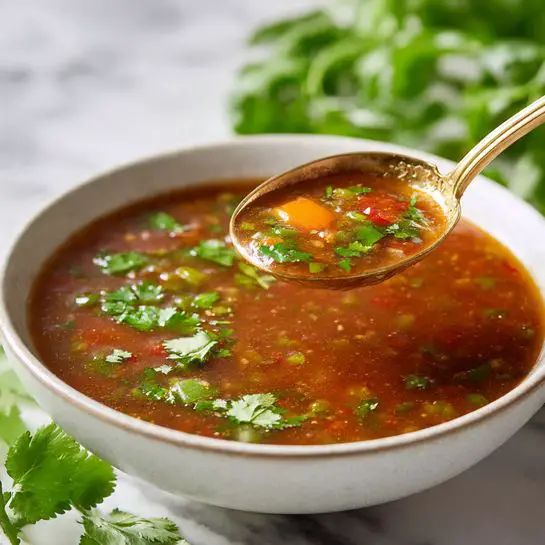 A close-up view of a shallow white metal bowl filled with a thick, reddish-brown soup that has small bits of vegetables and herbs visible throughout. The soup is garnished with bright green fresh cilantro leaves scattered on top. A silver ladle with a golden handle is scooping some of the soup, showing its rich, slightly chunky texture and an orange vegetable piece inside. The bowl is set on a white marbled surface with blurred green leaves in the background, creating a fresh and vibrant look. photo taken with an iphone --ar 4:5 --v 7