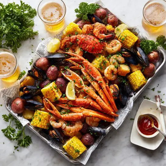 A large tray lined with newspaper holds a seafood boil made of several layers: the bottom layer has bright yellow corn on the cob pieces, red potatoes, and chunks of reddish sausage; the middle layer features plump black mussels and pink cooked shrimp scattered throughout; the top layer is crowned with large orange crab legs and more shrimp, all sprinkled with green chopped parsley and slices of lemon. The tray is set on a white marbled surface with bright green parsley leaves around the edges. Nearby, there are two glasses of golden beer and a small white dish with red sauce and a spoon. photo taken with an iphone --ar 4:5 --v 7