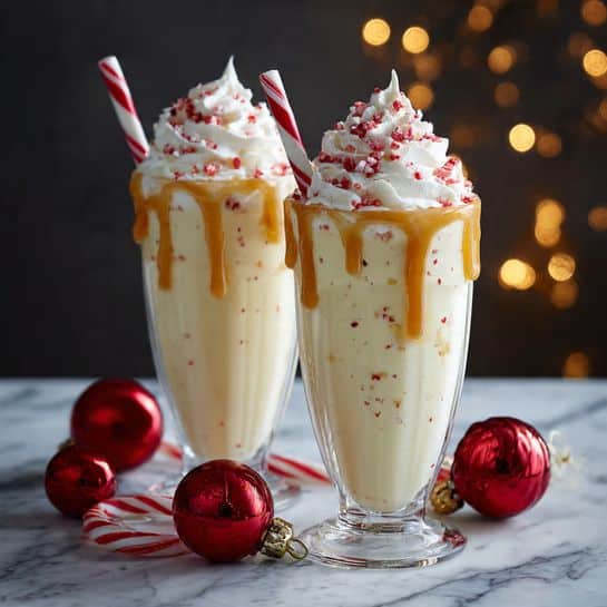 Two tall clear glasses filled with a pale yellow creamy drink. Each glass has caramel-colored syrup drizzling down the inside, creating vertical stripes. On top, there is a big swirl of white whipped cream sprinkled with small red candy pieces and a dusting of powdered sugar. A red and white striped candy cane is placed upright in the whipped cream of each glass. The glasses stand on a surface with a white marbled texture, surrounded by red shiny Christmas ball ornaments and a candy cane lying next to the closest glass. The background is softly blurred with warm lights. Photo taken with an iphone --ar 4:5 --v 7