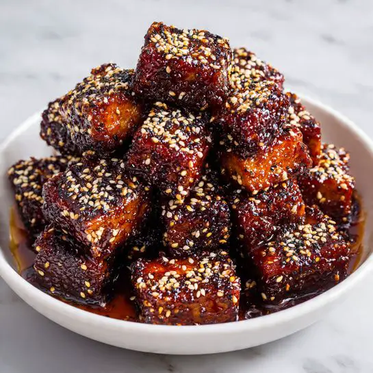 The image shows a white bowl filled with around 15 medium-sized cubes of dark brown tofu coated in a shiny, thick, sticky sauce. The sauce gives the tofu a rich, glazed texture with a slightly uneven surface. Each cube is sprinkled generously with small white and black sesame seeds, adding contrast and texture. The tofu cubes are stacked closely together, creating a dense cluster in the bowl, which sits on a white marbled surface. The lighting highlights the glossiness of the sauce and the texture of the tofu. Photo taken with an iphone --ar 4:5 --v 7