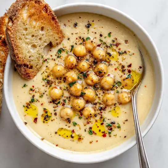 A white bowl filled with creamy light beige soup topped with whole chickpeas scattered on the surface, drizzled with golden olive oil, and sprinkled with cracked black pepper, red pepper flakes, and small green herb bits, placed on a white marbled surface. The bowl has a silver spoon inside, and on the side, there are pieces of crusty bread with a golden brown crust and soft, light interior. photo taken with an iphone --ar 4:5 --v 7