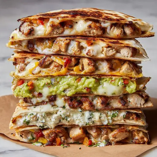 A tall stack of folded quesadilla slices is shown on a light brown paper over a white marbled surface. The quesadilla layers have a toasted, golden-brown outer tortilla with a slightly crisp texture. Inside, the top layer is filled with pieces of seasoned grilled meat with a light brown color, mixed with small bits of vibrant orange and red vegetables. Below that, a creamy white sauce layer with soft melted cheese can be seen melting into a chunky, bright green layer of mashed avocado or guacamole. The layers repeat with more diced meat, melted cheese, creamy sauce, and chunky avocado, giving the stack a colorful and textured look. Some small bits of green herbs and vegetables are scattered around the base. The photo is taken with an iphone --ar 4:5 --v 7