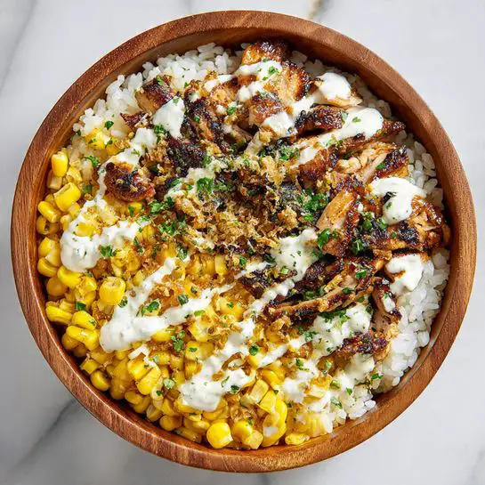 A bowl with three main layers: the bottom layer is white cooked rice, fluffy and spread evenly. The middle layer shows bright yellow corn kernels scattered over the rice. The top layer features small browned chicken pieces with a slightly crisp texture and reddish seasoning, topped with a white creamy sauce drizzled unevenly across. Fresh green chopped herbs are sprinkled on top, adding color and freshness. The bowl itself is a dark wooden round bowl, placed on a white marbled surface. Photo taken with an iphone --ar 4:5 --v 7