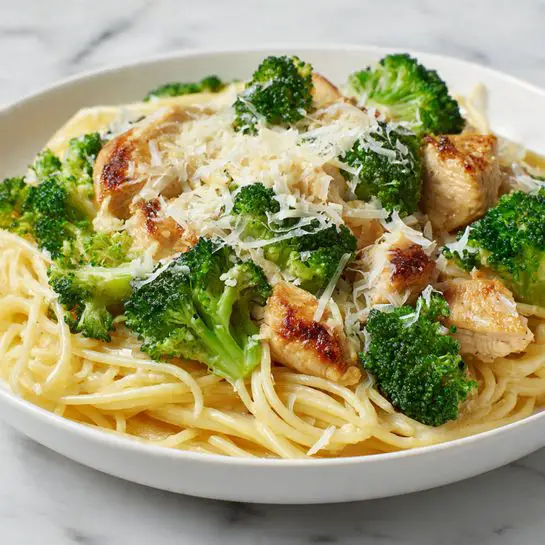 A white plate is filled with three main layers: the bottom layer is a bed of creamy, light yellow spaghetti noodles, smooth and slightly shiny. On top of the noodles are green broccoli florets with a fresh, textured look. Scattered over the broccoli are pieces of browned chicken with a light golden crust. The whole dish is topped with a sprinkling of white shredded cheese, adding a light texture and a fresh finish. The background is a white marbled surface. photo taken with an iphone --ar 4:5 --v 7