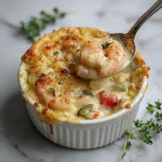 The dish shows a white round ramekin filled with creamy shrimp and vegetable casserole. The casserole has a golden brown crispy top layer with bubbling, melted cheese that looks crunchy. Under the top, the creamy, thick layer is pale yellow with visible chunks of pink shrimp and small pieces of green and red vegetables mixed in a rich, smooth sauce. Some casserole spills over the edge of the ramekin onto a white marbled surface. In the background, sprigs of fresh green herbs add a touch of color. A silver spoon holds a close-up portion of the creamy shrimp casserole, showing shrimp pieces coated in sauce. Photo taken with an iphone --ar 4:5 --v 7