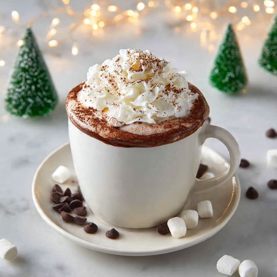 A white mug filled with three layers of hot chocolate: the bottom dark brown liquid layer, topped with a thick layer of frothy whipped cream with a rich brown cocoa powder sprinkled on one side, and a smaller dollop of bright white whipped cream on top. The mug sits on a white saucer that has scattered mini marshmallows and dark chocolate chips around it, with some chocolate spilled over the edge. In the background, there are small green Christmas tree decorations with white snow-like tips, warm glowing string lights, and a white marbled surface. Photo taken with an iphone --ar 4:5 --v 7