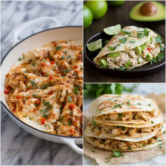 The first image shows a white pan filled with three layers of cooked diced chicken mixed with small pieces of red bell pepper and onions, all coated in a light reddish-brown sauce. The pan is placed on a white marbled surface with sliced green limes, fresh cilantro sprigs, and half an avocado in the background. The second image features an open tortilla on a dark skillet; one side of the tortilla has white melted cheese, the other side has a layer of diced chicken mix from the first image, topped with green avocado slices and fresh cilantro leaves scattered around. The third image presents a close-up view of a stack of four folded quesadillas on light brown parchment paper over a white marbled surface. Each quesadilla is filled with layers of diced chicken mix, green avocado chunks, melted cheese, and some green herbs. The tortillas are golden brown with light toasted spots. photo taken with an iphone --ar 4:5 --v 7