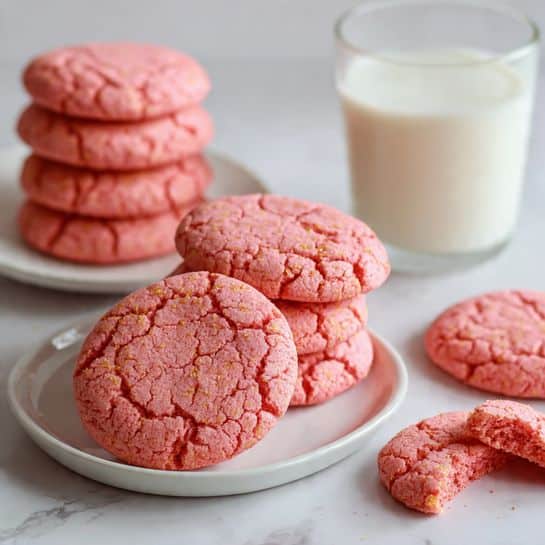 There are seven round pink cookies with a rough cracked texture; four cookies sit stacked on a white plate in the top left, one cookie is placed on a white plate at the bottom center along with two more cookies, and a glass of white milk is set in the middle of the three cookies on that plate. To the right, a single cookie is broken into two pieces on a white marbled surface. The overall color scheme is light and clean. Photo taken with an iphone --ar 4:5 --v 7