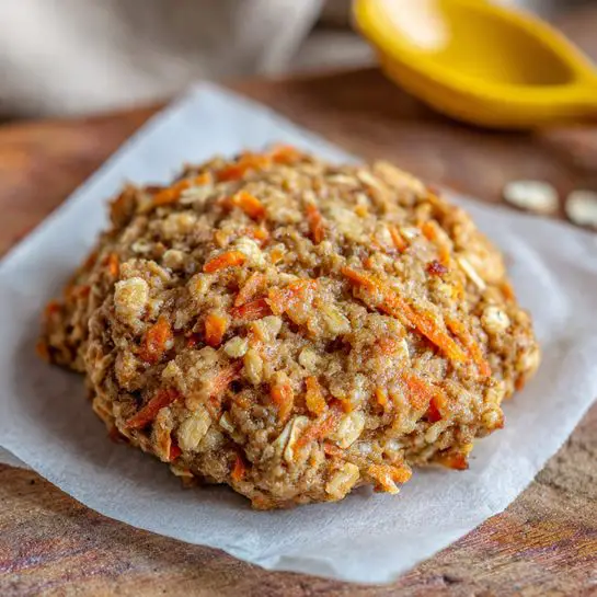 A close-up of two large oatmeal carrot cookies stacked on a piece of white parchment paper, showing rough, chunky texture with visible oats and bright orange carrot shreds mixed throughout the brown cookie dough. In the background, a white bowl with speckled dots holds more cookies, and a yellow measuring spoon filled with ground cinnamon sits beside them on a dark wooden surface replaced with a white marbled texture. The lighting highlights the soft, moist look of the cookies. photo taken with an iphone --ar 4:5 --v 7