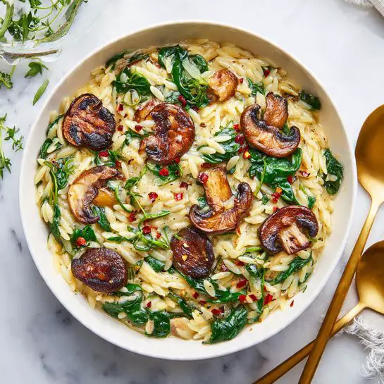 A white bowl filled with a creamy orzo pasta layered with bright green spinach leaves mixed throughout, topped with several browned sautéed mushroom slices evenly placed on the surface, and sprinkled with small bits of red chili flakes for color and texture, all set against a white marbled surface with some green herb sprigs and gold utensils nearby, showing a warm and fresh dish. photo taken with an iphone --ar 4:5 --v 7
