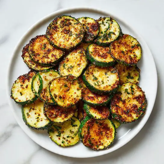 A white plate filled with several slices of cooked zucchini, each cut into half-moon shapes showing green edges and pale centers. The zucchini pieces have a crispy, browned coating that is speckled with darker grill marks and seasoning herbs, giving the dish a textured, slightly rough appearance. The slices are piled loosely, overlapping in a natural way on the plate, resting on a white marbled surface. photo taken with an iphone --ar 4:5 --v 7