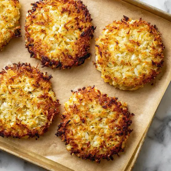 In this close-up image, there are five golden-brown patties with irregular round and oval shapes placed on a baking sheet. Each patty has a crispy, browned outer layer with small pieces of cooked onion or herbs visible inside, giving a slightly rough texture. The patties' colors range from light yellow to darker brown spots due to baking. The baking sheet underneath has a parchment paper layer with a light tan color. The background is a white marbled texture. Photo taken with an iphone --ar 4:5 --v 7