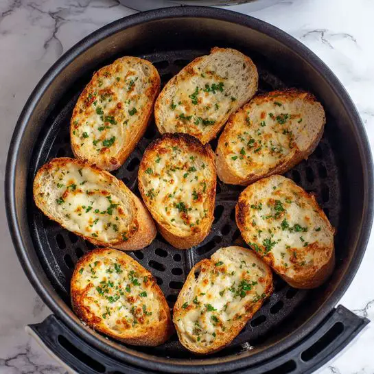 The image shows eleven pieces of garlic bread inside a round black air fryer basket with holes in the base. Each piece is a single thick slice of bread with a toasted golden-brown top layer covered in melted cheese and chopped green herbs, giving it a textured, slightly crispy look. The bread underneath is light beige with soft, airy crumbs visible around the edges. The bread is arranged close together but not overlapping in an uneven pattern inside the basket. The background features a white marbled texture. photo taken with an iphone --ar 4:5 --v 7