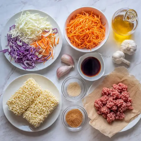 This image shows several ingredients arranged neatly on a white marbled surface. In the center-left is a white plate filled with shredded cabbage and purple cabbage mixed with thin carrot strips, showing layers of white, purple, and orange with a crunchy texture. Below it, there is another white bowl filled with thin julienned carrots that look bright orange and crisp. To the left, a white plate holds three rectangular blocks of dry ramen noodles that are pale yellow and tightly curled. On the lower right, a white plate lined with brown parchment paper contains raw ground meat in chunky sections with a coarse, red texture. Above this plate, a few garlic cloves with papery white to light purple skins are laid on the marble. Next to the garlic, a small bowl of dark soy sauce with a glossy surface and a small bowl of white salt crystals are placed. A small dish of brown sugar granules has a sandy texture, positioned nearby. A glass measuring cup filled with light golden broth liquid sits towards the top right, along with a clear bottle of golden oil. photo taken with an iphone --ar 4:5 --v 7