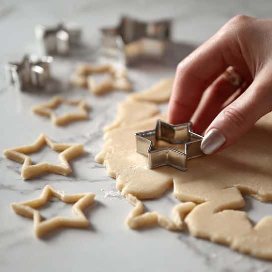 A thin, flat sheet of light beige dough is spread out on a surface with a white marbled texture. On the dough, several star shapes have been cut out, with some still partially attached. A woman's hand presses down on a small, metal star-shaped cookie cutter to create a new star shape. In the background, more star-shaped cutters in different sizes are softly blurred. The scene is bright and soft-toned, showing a calm baking moment. photo taken with an iphone --ar 4:5 --v 7