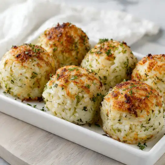 Six round rice balls sit closely in a white rectangular dish on a wooden table. Each rice ball has a golden brown, slightly crispy outside mixed with white rice and small bits of green herbs. The texture looks slightly sticky with toasted spots and specks of dark green seasoning all over. The background shows soft white cloth and some blurred green leaves, while the surface underneath the dish is a white marbled texture. photo taken with an iphone --ar 4:5 --v 7