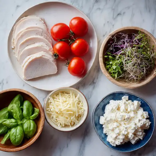 The image shows several small white and wooden bowls arranged on a white marbled surface. There is a white plate with two bright red tomatoes and three slices of rolled light beige turkey or chicken meat on the top left. To the top right, a white bowl contains green and purple microgreens with thin stems and leaves. Below that, a wooden bowl holds shredded pale yellow cheese. At the bottom center, a small blue bowl on a white plate is filled with white cottage cheese that has a soft, lumpy texture. To the left, a wooden bowl contains several fresh, dark green basil leaves, with a couple of leaves placed on the marbled surface nearby. The photo was taken with an iphone --ar 4:5 --v 7