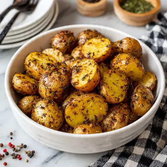 A white ceramic dish filled with golden roasted baby potatoes, each cut in halves or left whole, showing slightly crisp, brown edges and a speckled surface of herbs and spices. The potatoes have a warm yellow inside and a textured brown skin with visible small flakes. The dish sits on a white marbled surface, next to a black and white checkered cloth and a stack of white plates with black and white plaid patterned forks resting beside them. There are scattered peppercorns and a touch of green herbs distant around the dish. Photo taken with an iphone --ar 4:5 --v 7