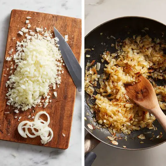 The image shows two side-by-side views: on the left, a wooden cutting board with a pile of finely chopped white onions in the center, a chef’s knife with a black handle resting to the right of the onions, and a few onion slices placed at the bottom left of the board, all atop a white marbled surface. On the right, a close-up of a black pan filled with golden brown caramelized onions being stirred by a wooden spoon, showing the rich texture and crisp edges of the cooked onions. The overall scene depicts the transformation of raw onions to caramelized onions. Photo taken with an iphone --ar 4:5 --v 7