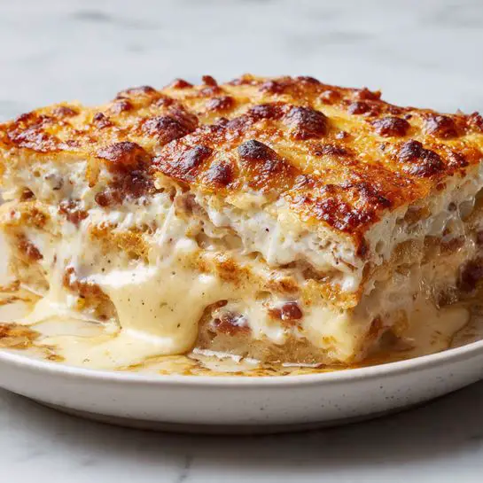 A close-up image shows two layers of baked food with a golden brown crispy top layer full of bubbly, slightly burnt spots and a smooth, melted, white cheese layer dripping down the sides. The layers underneath appear soft with a translucent yellow and light brown texture, possibly thinly sliced vegetables or pasta sheets. The dish sits on a surface with a white marbled texture, highlighting the rich texture and color of the baked layers. photo taken with an iphone --ar 4:5 --v 7