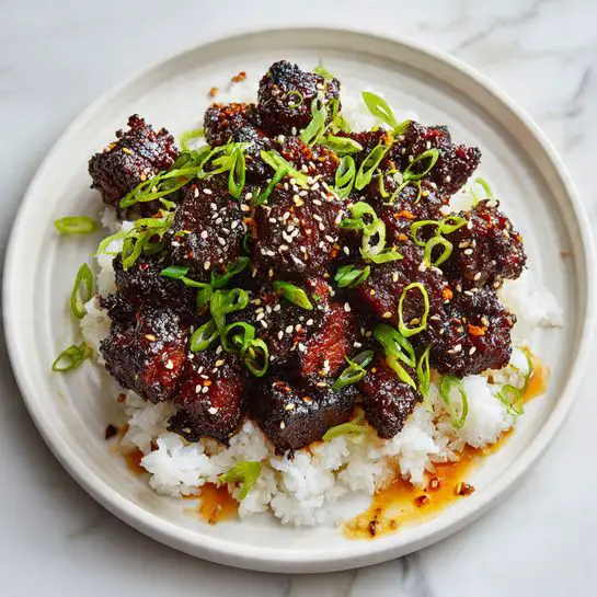 A white plate with deep ridges holds a dish made of three clear layers: the bottom layer is a bed of fluffy white rice, the middle layer is a pile of grilled, dark caramelized and slightly charred meat pieces with a shiny glaze, and the top layer is sprinkled with white sesame seeds and bright green sliced scallions spread evenly over the meat. The plate sits on a white marbled surface with some sauce smudges near the food edges, and a few sesame seeds scattered around the plate's rim. photo taken with an iphone --ar 4:5 --v 7