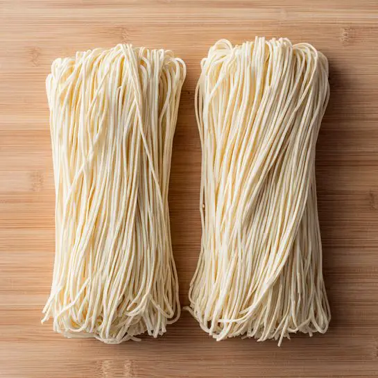 The image shows two bundles of thin, uncooked white noodles placed closely side by side on a wooden surface. Each bundle has many long, smooth strands, slightly curved and layered in a twisted, compact shape, with some loose ends extending outward. The texture of the noodles looks soft yet firm, and the strands are evenly sized, creating a neat appearance. The wooden surface underneath is light brown with visible grain patterns. photo taken with an iphone --ar 4:5 --v 7