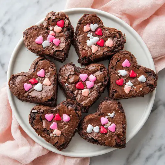The image shows a white plate with about nine heart-shaped chocolate brownies on it, each brownie topped with red, pink, and white candy pieces, giving a colorful contrast to the dark brown surface. The brownies have a cracked, textured top and vary in size, arranged randomly on the plate. Around the plate, there are scattered round candies in red, white, pink, and purple on a white marbled surface. On the right side of the image, a pink cloth is partially visible, adding a soft element to the scene. Photo taken with an iphone --ar 4:5 --v 7
