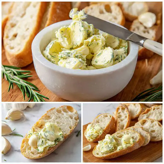 The image shows a collage of three pictures featuring herb butter and slices of bread. The first picture displays a white mortar with chunks of pale yellow butter, light brown roasted garlic cloves, and green rosemary sprigs on top. The second image shows the herb butter fully mixed to a creamy texture with small green herb bits, inside the same white mortar, with a knife spreading the butter. The third picture includes several slices of crusty, light tan bread with soft, holey interiors, some topped with herb butter spreading and others with roasted garlic cloves. The background has a warm wooden tone under the bread, while the first two pictures have a white marbled surface beneath the mortar. Photo taken with an iphone --ar 4:5 --v 7