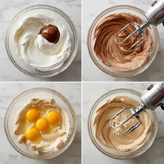 A clear glass bowl sits on a white marbled surface showing four steps of mixing ingredients, each filling the bowl with thick, creamy, beige batter. The first layer has thick white whipped cream with a dollop of smooth milk chocolate on top. The second layer swirls the chocolate into the whipped cream, creating a creamy light brown swirl texture. The third state adds three raw egg yolks on one side, bright yellow with transparent whites, sitting atop the same smooth whipped cream and chocolate mix. The fourth image shows a shiny silver hand mixer with two beaters in the bowl, blending the mixture into a smooth, creamy, light beige batter with soft peaks. photo taken with an iphone --ar 4:5 --v 7