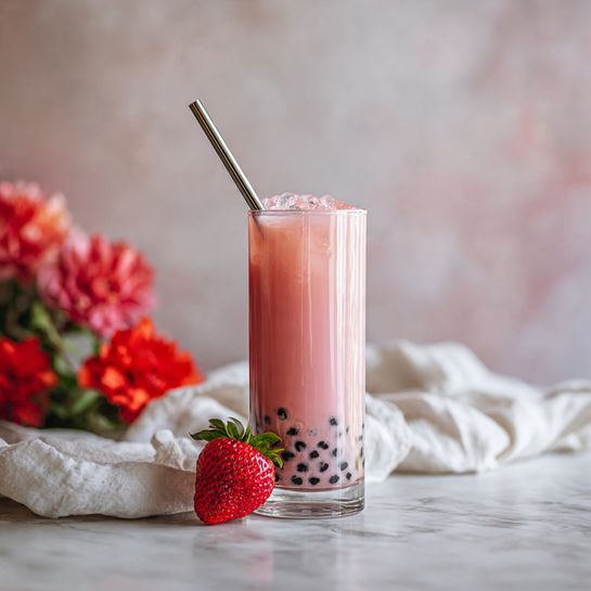 Strawberry Milk Tea with Fresh Strawberry Syrup and Chewy Boba Recipe