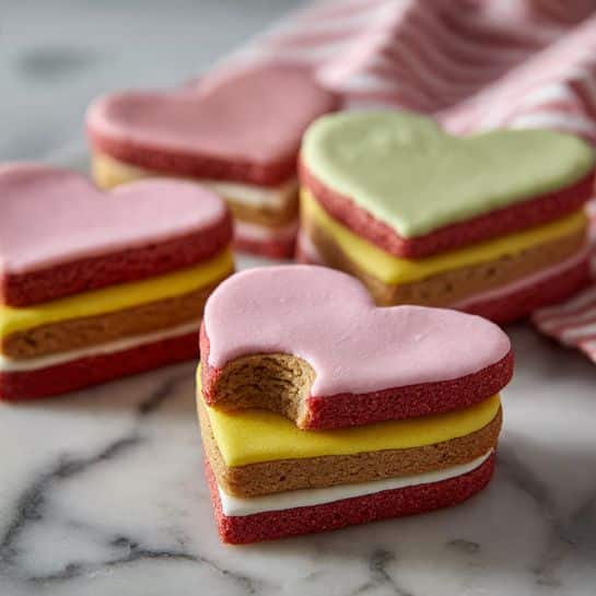 Multiple heart-shaped cookies are laid out on a white marbled surface. Each cookie has a red-brown base layer with a smooth, single layer of icing on top. The icing colors are pastel pink, light orange, and light green, evenly covering each cookie without any decoration or texture besides smoothness. The cookies are arranged in a casual, slightly overlapping pattern filling the frame. photo taken with an iphone --ar 4:5 --v 7