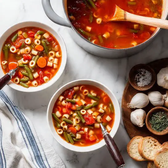 A large pot filled with colorful vegetable soup sits on a white marbled surface, showing green beans, sliced orange carrots, diced tomatoes, white beans, and small pasta rings in a light red broth. Two white bowls below the pot each hold a serving of the same soup, with a silver spoon resting inside one bowl and a knife with a dark handle placed inside the other. To the right on a wooden board, there are three cloves of garlic, a small wooden bowl with red pepper flakes, a wooden bowl with chopped green herbs, fresh parsley sprigs, and slices of crusty white bread on the white marbled surface. A light-colored napkin with blue stripes lies folded near the bottom left corner. photo taken with an iphone --ar 4:5 --v 7