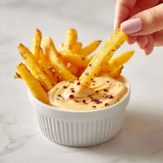 A woman's hand is holding a golden yellow French fry that is dipped halfway into a creamy light beige sauce with visible small red and black seasoning specks. The sauce is filling a small white fluted bowl. The background is a white marbled texture. Photo taken with an iphone --ar 4:5 --v 7